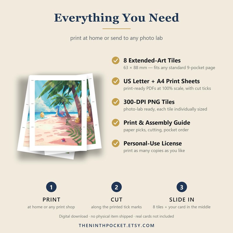 May include: A digital download guide titled Everything You Need featuring 8 Extended-Art Tiles measuring 63 x 88 mm, US Letter and A4 print sheets, 300-DPI PNG tiles, a print and assembly guide, and a personal-use license for card art.