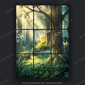 May include: A display frame featuring a nine-panel grid of a forest scene with sunlight filtering through trees. The center panel contains a Pikachu GX trading card with 200 HP, yellow fur, and a Thunderbolt attack. The text reads The Ninth Pocket.