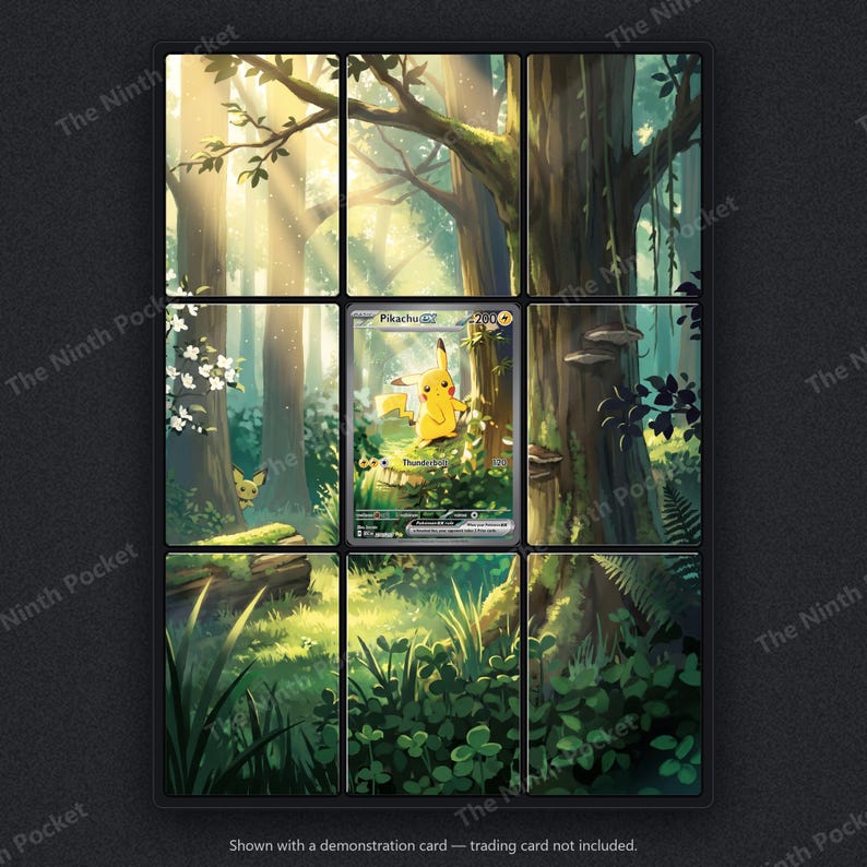 May include: A display frame featuring a nine-panel grid of a forest scene with sunlight filtering through trees. The center panel contains a Pikachu GX trading card with 200 HP, yellow fur, and a Thunderbolt attack. The text reads The Ninth Pocket.