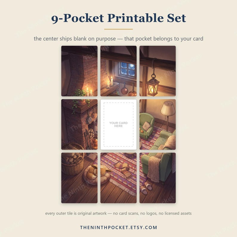 Puede incluir: Un conjunto imprimible de 9 bolsillos con una cuadr&iacute;cula de ocho azulejos ilustrados que representan una habitaci&oacute;n acogedora con chimenea, una criatura durmiendo y muebles, rodeando un azulejo central blanco con el texto YOUR CARD HERE.