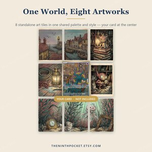 May include: A collection of eight rectangular art tiles featuring detailed illustrations of coastal scenes, creatures, and objects, arranged in a grid with a central space for a trading card. Text reads: One World, Eight Artworks, YOUR CARD - NOT INCLUDED.