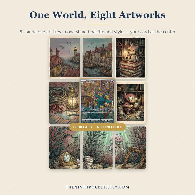 May include: A collection of eight rectangular art tiles featuring detailed illustrations of coastal scenes, creatures, and objects, arranged in a grid with a central space for a trading card. Text reads: One World, Eight Artworks, YOUR CARD - NOT INCLUDED.