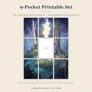 Puede incluir: Un conjunto imprimible de 9 bolsillos con una ilustraci&oacute;n de paisaje forestal dividida en nueve azulejos rectangulares. El azulejo central est&aacute; en blanco con el texto 'YOUR CARD HERE'. La obra muestra &aacute;rboles, flores y un arroyo con luces.