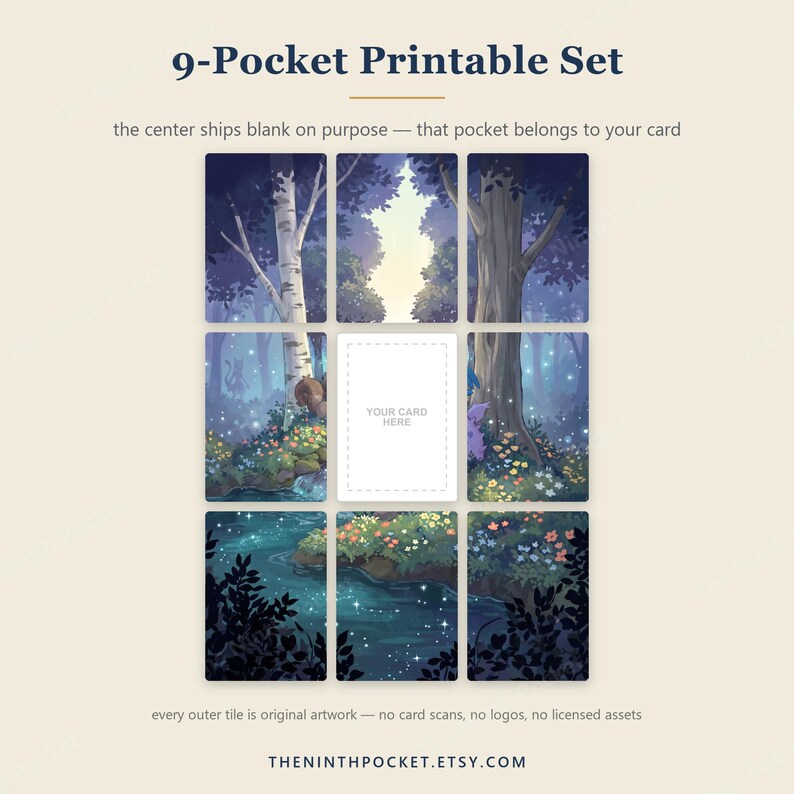 Puede incluir: Un conjunto imprimible de 9 bolsillos con una ilustraci&oacute;n de paisaje forestal dividida en nueve azulejos rectangulares. El azulejo central est&aacute; en blanco con el texto 'YOUR CARD HERE'. La obra muestra &aacute;rboles, flores y un arroyo con luces.