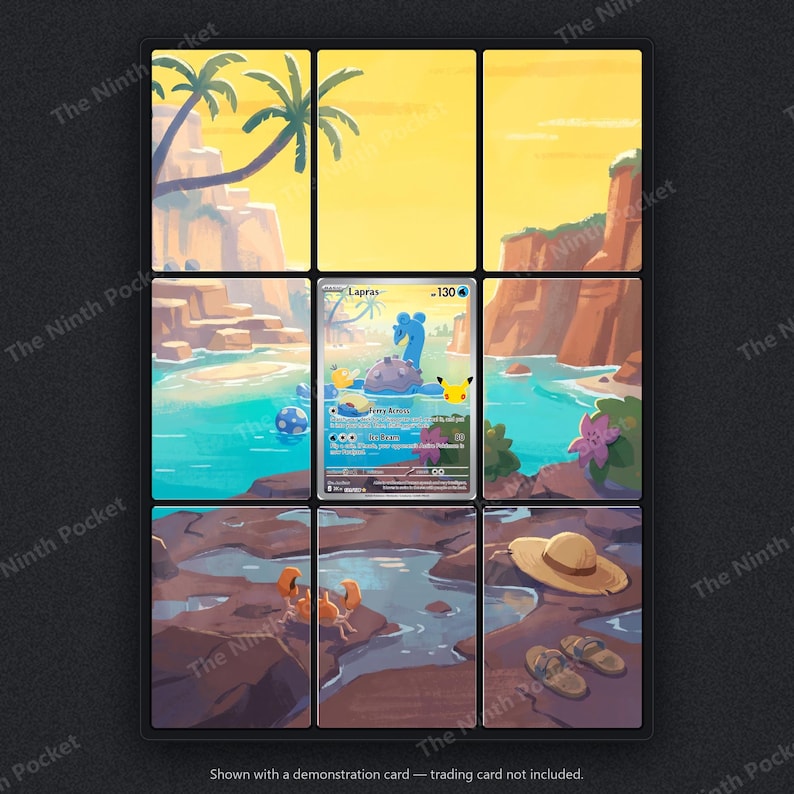 May include: A nine-panel grid display featuring a central Lapras trading card. The artwork depicts a tropical beach scene with palm trees, rocky cliffs, a blue sea, a crab, a straw hat, and sandals. The display is designed to hold a single card.