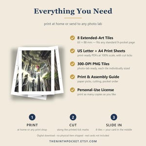 May include: A digital download product listing titled Everything You Need, featuring 8 extended-art tiles measuring 63 x 88 mm, US Letter and A4 print sheets, 300-DPI PNG tiles, a print and assembly guide, and a personal-use license for printing.