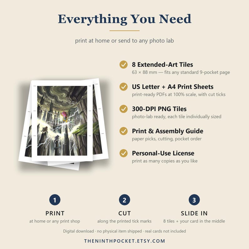 May include: A digital download product listing titled Everything You Need, featuring 8 extended-art tiles measuring 63 x 88 mm, US Letter and A4 print sheets, 300-DPI PNG tiles, a print and assembly guide, and a personal-use license for printing.