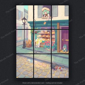 May include: A grid of nine panels depicting a street scene with a bakery, a person in a beret dropping bread, a Fidough trading card in the center, a small creature by a purple door, and a Lechonk and Rookidee on a cobblestone street.