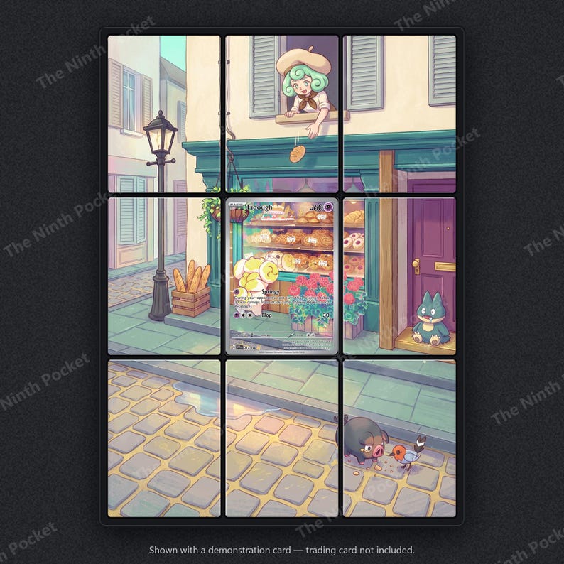 May include: A grid of nine panels depicting a street scene with a bakery, a person in a beret dropping bread, a Fidough trading card in the center, a small creature by a purple door, and a Lechonk and Rookidee on a cobblestone street.