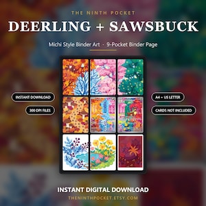 Op de afbeelding: Een 9-vaks ordnerpagina met Michi-stijl kunst van Deerling en Sawsbuck. Het raster toont kleurrijke seizoenslandschappen, waaronder herfstbladeren, kersenbloesems, paddenstoelen en bloemrijke sc&egrave;nes. Tekst: THE NINTH POCKET, DEERLING + SAWSBUCK, INSTANT DOWNLOAD, 300 DPI FILES, A4 + US LETTER, CARDS NOT INCLUDED.