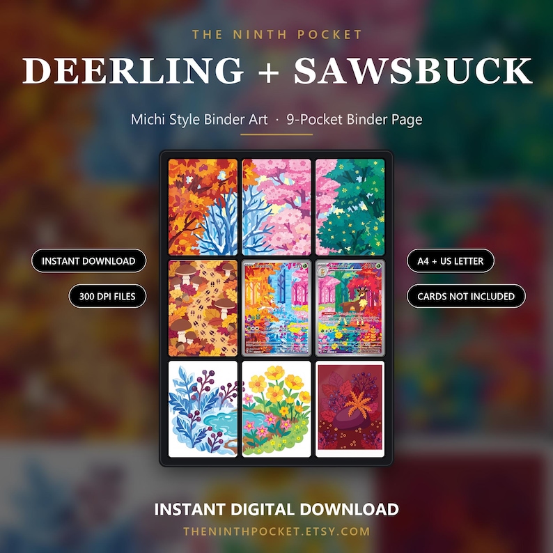 Op de afbeelding: Een 9-vaks ordnerpagina met Michi-stijl kunst van Deerling en Sawsbuck. Het raster toont kleurrijke seizoenslandschappen, waaronder herfstbladeren, kersenbloesems, paddenstoelen en bloemrijke sc&egrave;nes. Tekst: THE NINTH POCKET, DEERLING + SAWSBUCK, INSTANT DOWNLOAD, 300 DPI FILES, A4 + US LETTER, CARDS NOT INCLUDED.