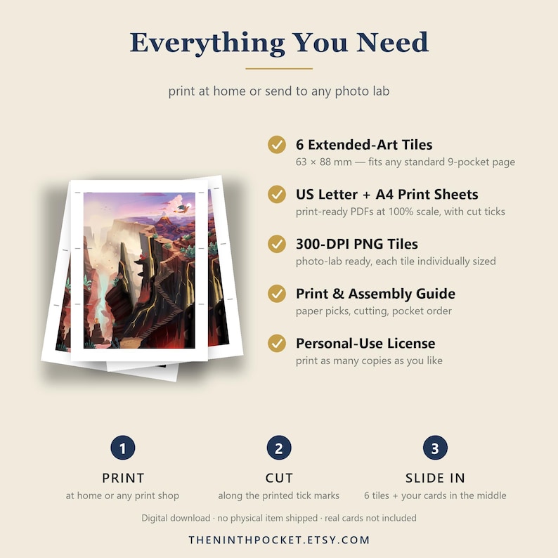 Puede incluir: Una gu&iacute;a de descarga digital titulada Everything You Need que incluye 6 mosaicos de arte extendido de 63 x 88 mm, hojas de impresi&oacute;n A4, archivos PNG de 300 DPI, una gu&iacute;a de montaje y una licencia de uso personal para imprimir en casa.