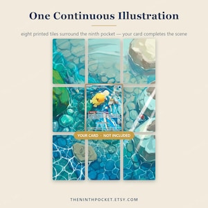 Puede incluir: Un conjunto de ocho azulejos impresos dispuestos en una cuadr&iacute;cula con un espacio central vac&iacute;o para una tarjeta coleccionable. Los azulejos muestran una ilustraci&oacute;n continua de un arroyo azul con rocas. El texto dice: One Continuous Illustration, eight printed tiles surround the ninth pocket &mdash; your card completes the scene, YOUR CARD &middot; NOT INCLUDED y THENINTHPOCKET.ETSY.COM.