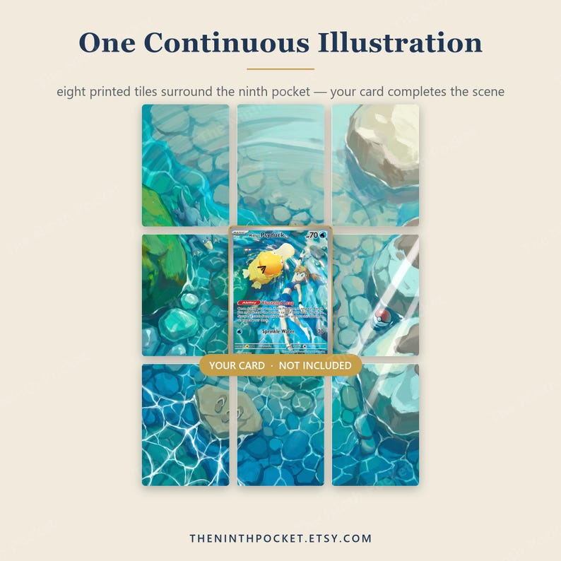 Puede incluir: Un conjunto de ocho azulejos impresos dispuestos en una cuadr&iacute;cula con un espacio central vac&iacute;o para una tarjeta coleccionable. Los azulejos muestran una ilustraci&oacute;n continua de un arroyo azul con rocas. El texto dice: One Continuous Illustration, eight printed tiles surround the ninth pocket &mdash; your card completes the scene, YOUR CARD &middot; NOT INCLUDED y THENINTHPOCKET.ETSY.COM.