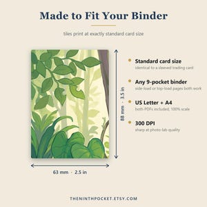 Może przedstawiać: Prostokątna karta z ilustracją zielonego lasu o wymiarach 88 mm na 63 mm. Tekst zawiera 'Made to Fit Your Binder', 'Standard card size', 'Any 9-pocket binder', 'US Letter + A4', '300 DPI' oraz 'THENINTHPOCKET.ETSY.COM'.
