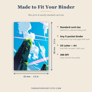 May include: A rectangular card featuring a blue sky with white clouds and dark green cliffs. Text includes Made to Fit Your Binder, Standard card size, Any 9-pocket binder, US Letter + A4, and 300 DPI. Dimensions are 2.5 inches by 3.5 inches.