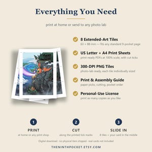Puede incluir: Un listado de producto de descarga digital titulado Everything You Need, que muestra una pila de tarjetas impresas con una ilustraci&oacute;n de paisaje fant&aacute;stico. Incluye 8 mosaicos de arte extendido de 63 x 88 mm, hojas de impresi&oacute;n US Letter y A4, mosaicos PNG de 300 DPI, una gu&iacute;a de montaje y una licencia de uso personal. Los pasos son imprimir, cortar e insertar.