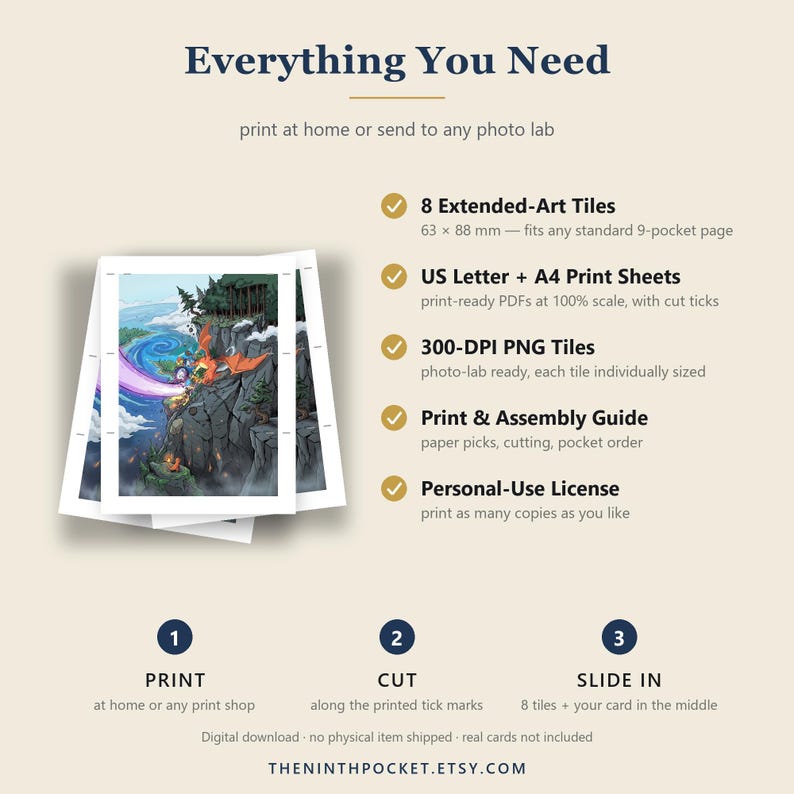 Puede incluir: Un listado de producto de descarga digital titulado Everything You Need, que muestra una pila de tarjetas impresas con una ilustraci&oacute;n de paisaje fant&aacute;stico. Incluye 8 mosaicos de arte extendido de 63 x 88 mm, hojas de impresi&oacute;n US Letter y A4, mosaicos PNG de 300 DPI, una gu&iacute;a de montaje y una licencia de uso personal. Los pasos son imprimir, cortar e insertar.