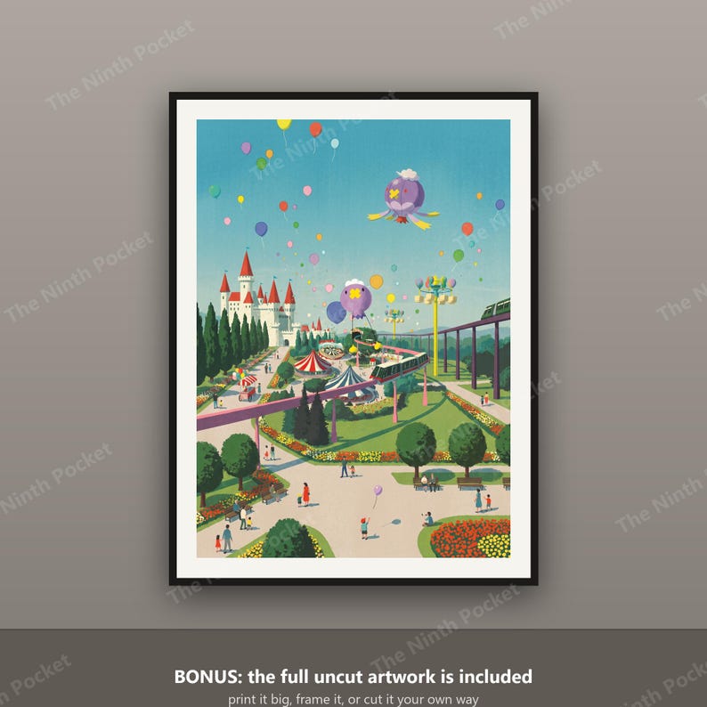 May include: A framed art print featuring a colourful amusement park scene with a white castle, a monorail track, green trees, flower beds, and people walking on paths. The sky is filled with numerous floating balloons and two purple jellyfish.
