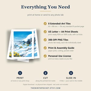 May include: A digital download guide titled Everything You Need featuring 8 extended-art tiles measuring 63 x 88 mm, US letter and A4 print sheets, 300-DPI PNG tiles, a print and assembly guide, and a personal-use license for printing cards.