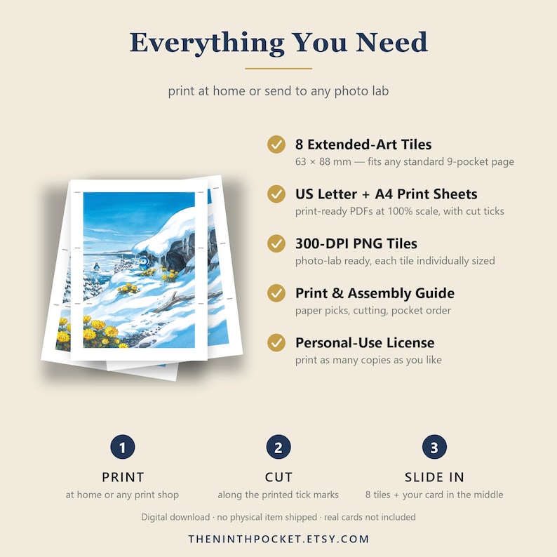May include: A digital download guide titled Everything You Need featuring 8 extended-art tiles measuring 63 x 88 mm, US letter and A4 print sheets, 300-DPI PNG tiles, a print and assembly guide, and a personal-use license for printing cards.