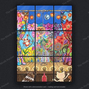 May include: A nine-panel grid display frame featuring a colourful illustration of a stage with curtains, hanging lanterns, a disco ball, and various creatures. The artwork includes a central trading card slot, wooden flooring, and stage lights.