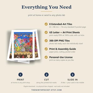 May include: A digital download product listing titled Everything You Need, featuring a colourful illustration of a stage with cats. It includes 8 extended-art tiles measuring 63 x 88 mm, US letter and A4 print sheets, 300-DPI PNG tiles, a guide, and a licence.