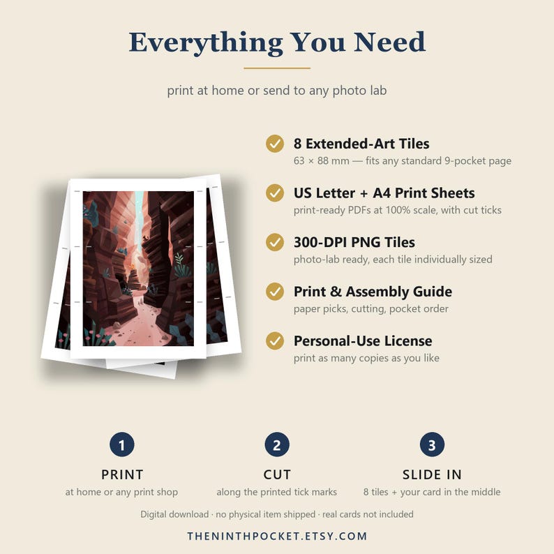 May include: A digital download product titled Everything You Need featuring 8 extended-art tiles measuring 63 x 88 mm, US Letter and A4 print sheets, 300-DPI PNG tiles, a print and assembly guide, and a personal-use license for card games.