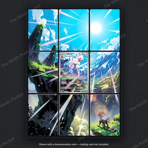 May include: A nine-panel display frame featuring a panoramic landscape illustration of a mountain valley with a bright sun, green cliffs, and a small creature in the bottom right. A Silvally trading card is centered in the middle panel.