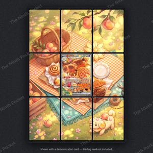 K&ouml;nnte beinhalten: Eine gitterartige Darstellung mit einer Dachsbun ex-Sammelkarte, die &uuml;ber einer Picknick-Illustration zentriert ist. Das Bild zeigt einen Weidenkorb mit Pfirsichen, Geb&auml;ck, eine karierte Decke und einen kleinen cremefarbenen Hund auf einer Wiese.