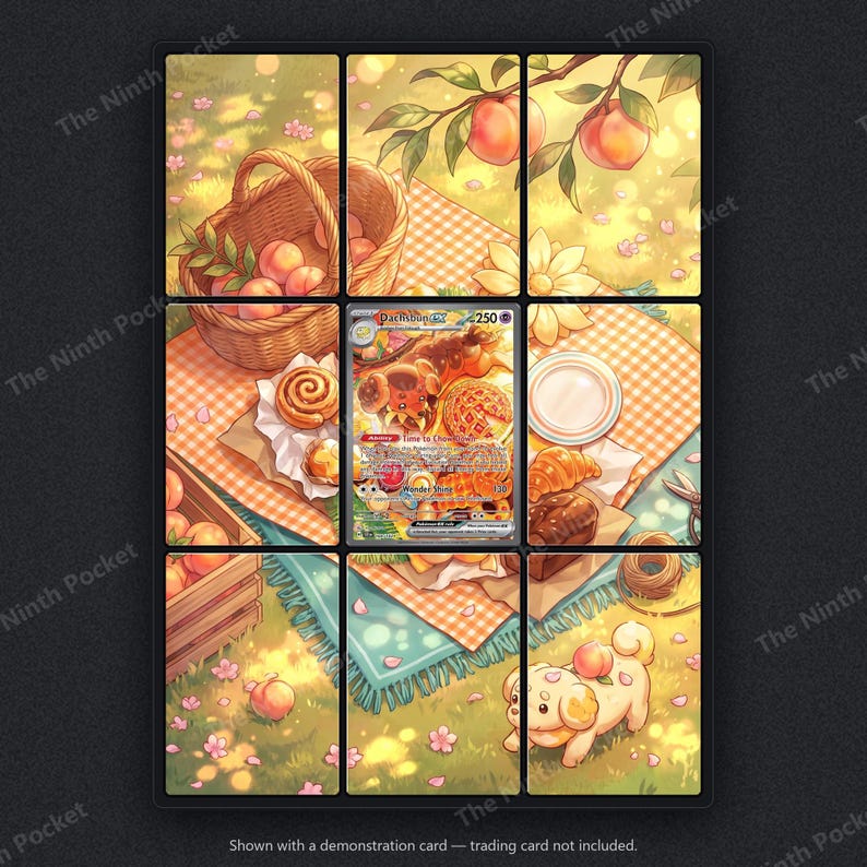 K&ouml;nnte beinhalten: Eine gitterartige Darstellung mit einer Dachsbun ex-Sammelkarte, die &uuml;ber einer Picknick-Illustration zentriert ist. Das Bild zeigt einen Weidenkorb mit Pfirsichen, Geb&auml;ck, eine karierte Decke und einen kleinen cremefarbenen Hund auf einer Wiese.