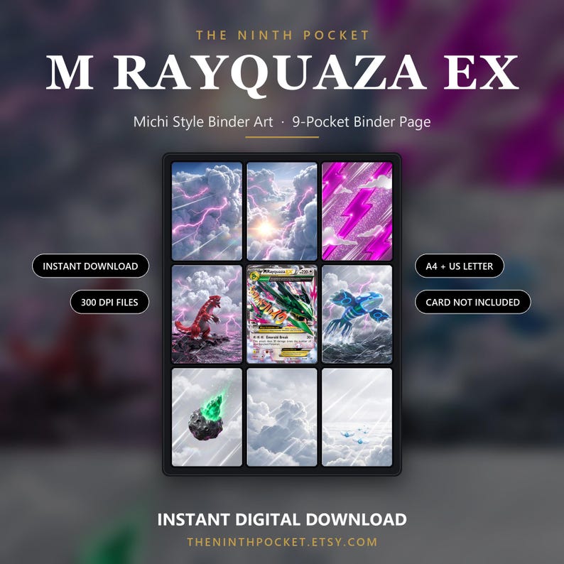 Puede incluir: Una p&aacute;gina de carpeta de 9 bolsillos en descarga digital titulada M RAYQUAZA EX por The Ninth Pocket. La cuadr&iacute;cula presenta ilustraciones art&iacute;sticas de nubes, rayos, una criatura roja, una carta de drag&oacute;n verde, una criatura azul y un meteoro verde.