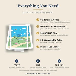 May include: A digital download product listing titled Everything You Need, featuring a stack of illustrated cards with a blue sky and landscape scene. It includes 8 extended-art tiles measuring 63 x 88 mm, US Letter and A4 print sheets, 300-DPI PNG tiles, a print and assembly guide, and a personal-use license.