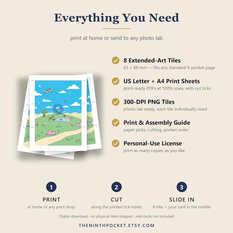 May include: A digital download product listing titled Everything You Need, featuring a stack of illustrated cards with a blue sky and landscape scene. It includes 8 extended-art tiles measuring 63 x 88 mm, US Letter and A4 print sheets, 300-DPI PNG tiles, a print and assembly guide, and a personal-use license.