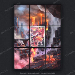 May include: A nine-panel display frame featuring a continuous volcanic landscape illustration with flowing lava, dark rock formations, and glowing embers. The center panel contains a Groudon trading card with Japanese text and red accents.
