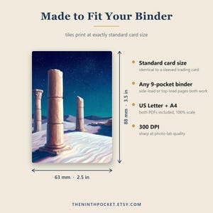 May include: A rectangular card featuring a night desert scene with stone pillars under a starry sky. Text includes 'Made to Fit Your Binder', 'Standard card size', 'Any 9-pocket binder', 'US Letter + A4', and '300 DPI'. Dimensions are 3.5 inches by 2.5 inches.
