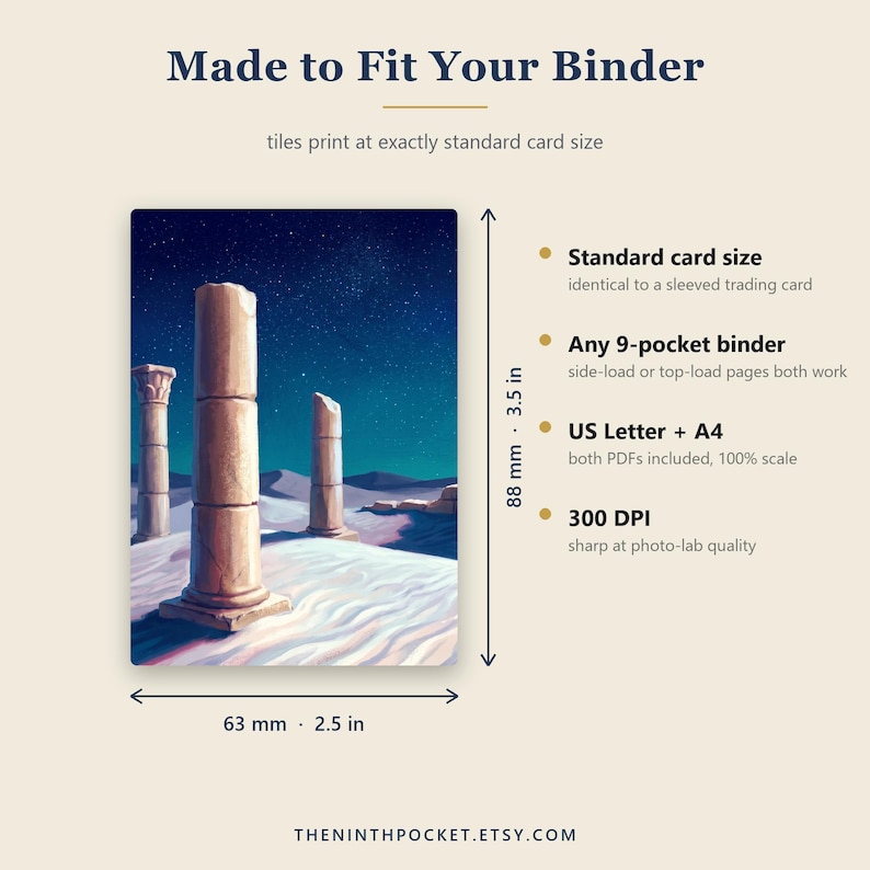 May include: A rectangular card featuring a night desert scene with stone pillars under a starry sky. Text includes 'Made to Fit Your Binder', 'Standard card size', 'Any 9-pocket binder', 'US Letter + A4', and '300 DPI'. Dimensions are 3.5 inches by 2.5 inches.