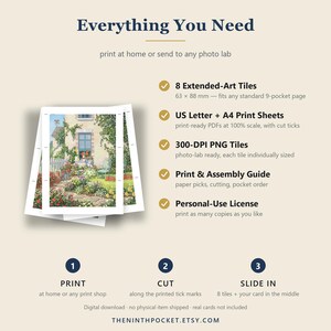 May include: A digital download guide titled Everything You Need featuring a garden illustration. It lists 8 Extended-Art Tiles measuring 63 x 88 mm, US Letter and A4 print sheets, 300-DPI PNG tiles, a print and assembly guide, and a personal-use licence.