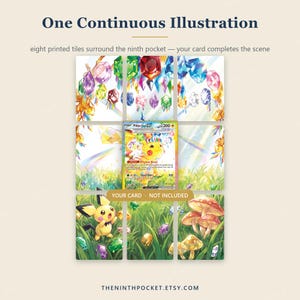 May include: A display of eight printed tiles arranged in a grid, surrounding a central space for a trading card. The illustration features colorful floating crystals, green grass, mushrooms, and a small yellow creature. Text reads: One Continuous Illustration, eight printed tiles surround the ninth pocket &mdash; your card completes the scene, YOUR CARD &middot; NOT INCLUDED, and THENINTHPOCKET.ETSY.COM.