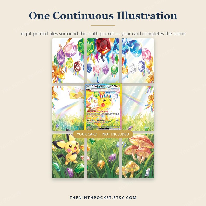May include: A display of eight printed tiles arranged in a grid, surrounding a central space for a trading card. The illustration features colorful floating crystals, green grass, mushrooms, and a small yellow creature. Text reads: One Continuous Illustration, eight printed tiles surround the ninth pocket &mdash; your card completes the scene, YOUR CARD &middot; NOT INCLUDED, and THENINTHPOCKET.ETSY.COM.