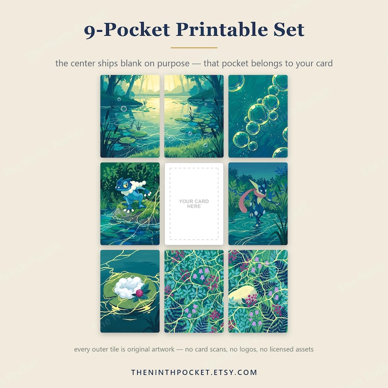 May include: A 9-pocket printable set featuring a grid of nine rectangular illustrations with a nature theme. The center pocket is blank with the text 'YOUR CARD HERE'. The surrounding tiles depict a pond, bubbles, and blue creatures.