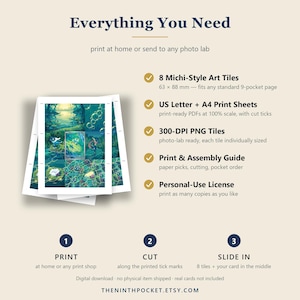 May include: A digital download guide titled Everything You Need, featuring 8 Michi-Style Art Tiles measuring 63 x 88 mm. Includes US Letter and A4 print sheets, 300-DPI PNG tiles, a print and assembly guide, and a personal-use license for printing.