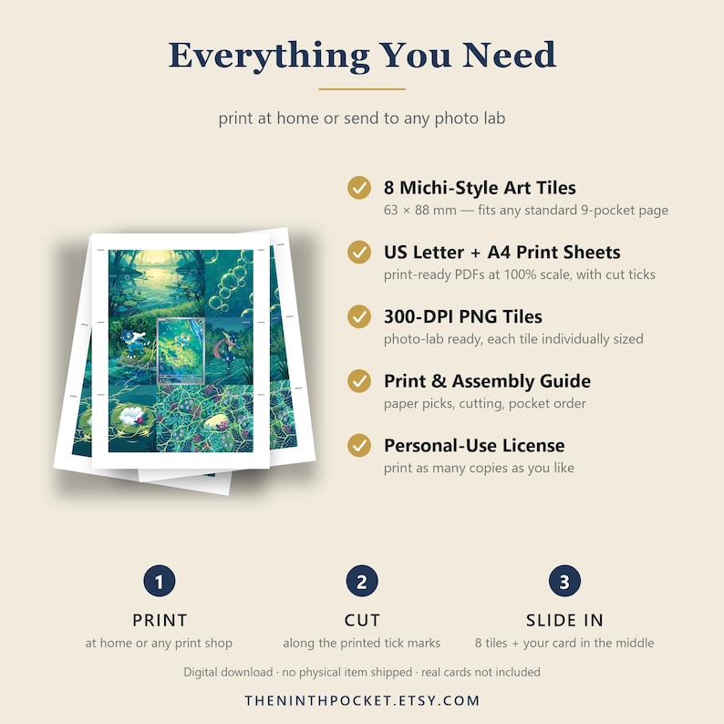 May include: A digital download guide titled Everything You Need, featuring 8 Michi-Style Art Tiles measuring 63 x 88 mm. Includes US Letter and A4 print sheets, 300-DPI PNG tiles, a print and assembly guide, and a personal-use license for printing.