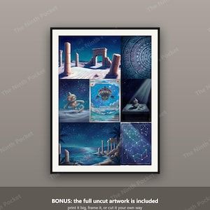 May include: A framed digital art print featuring a collage of scenes with ancient stone ruins, a starry night sky, a blue circular pattern, and a central Claydol trading card. The artwork displays various shades of blue, white, and tan.