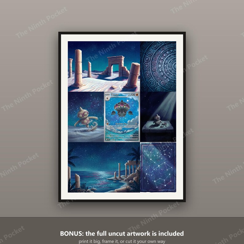 May include: A framed digital art print featuring a collage of scenes with ancient stone ruins, a starry night sky, a blue circular pattern, and a central Claydol trading card. The artwork displays various shades of blue, white, and tan.