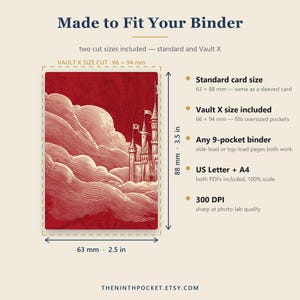 Peut inclure: Une carte rectangulaire avec une illustration rouge et blanche d'un ch&acirc;teau dans les nuages. Le texte indique Made to Fit Your Binder, Standard card size 63 x 88 mm, Vault X size 66 x 94 mm, 9-pocket binder, US Letter + A4, 300 DPI et THENINTHPOCKET.ETSY.COM.