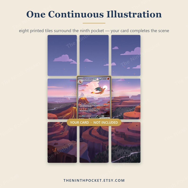 May include: A set of eight rectangular tiles featuring a continuous landscape illustration of a canyon at sunset, arranged in a grid with a central empty space for a trading card. Text reads: One Continuous Illustration, eight printed tiles surround the ninth pocket &mdash; your card completes the scene, and YOUR CARD &middot; NOT INCLUDED.