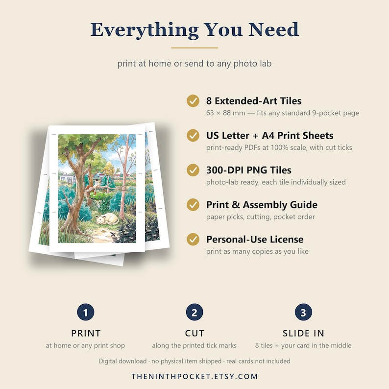 Peut inclure: Une fiche produit de t&eacute;l&eacute;chargement num&eacute;rique intitul&eacute;e Everything You Need, montrant une pile de cartes illustr&eacute;es d'une for&ecirc;t. Elle comprend 8 tuiles d'art &eacute;tendues de 63 x 88 mm, des feuilles US Letter et A4, des fichiers PNG 300 DPI, un guide et une licence.