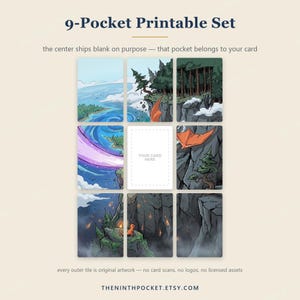 Puede incluir: Un conjunto imprimible de 9 bolsillos con una cuadr&iacute;cula de azulejos ilustrados que representan un paisaje de fantas&iacute;a con un bosque, acantilados y una peque&ntilde;a criatura naranja. El azulejo central est&aacute; en blanco con el texto YOUR CARD HERE.