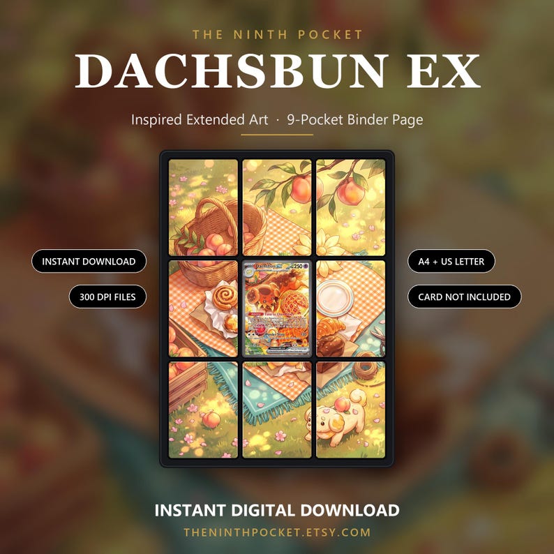 K&ouml;nnte beinhalten: Eine 9-Taschen-Ordnerseite mit einer erweiterten Kunstillustration namens DACHSBUN EX. Das Bild zeigt eine Picknickszene mit einem Korb voller Pfirsiche, Geb&auml;ck und einem kleinen Hund auf einer karierten Decke. Der Text umfasst INSTANT DOWNLOAD, 300 DPI FILES, A4 + US LETTER und CARD NOT INCLUDED.